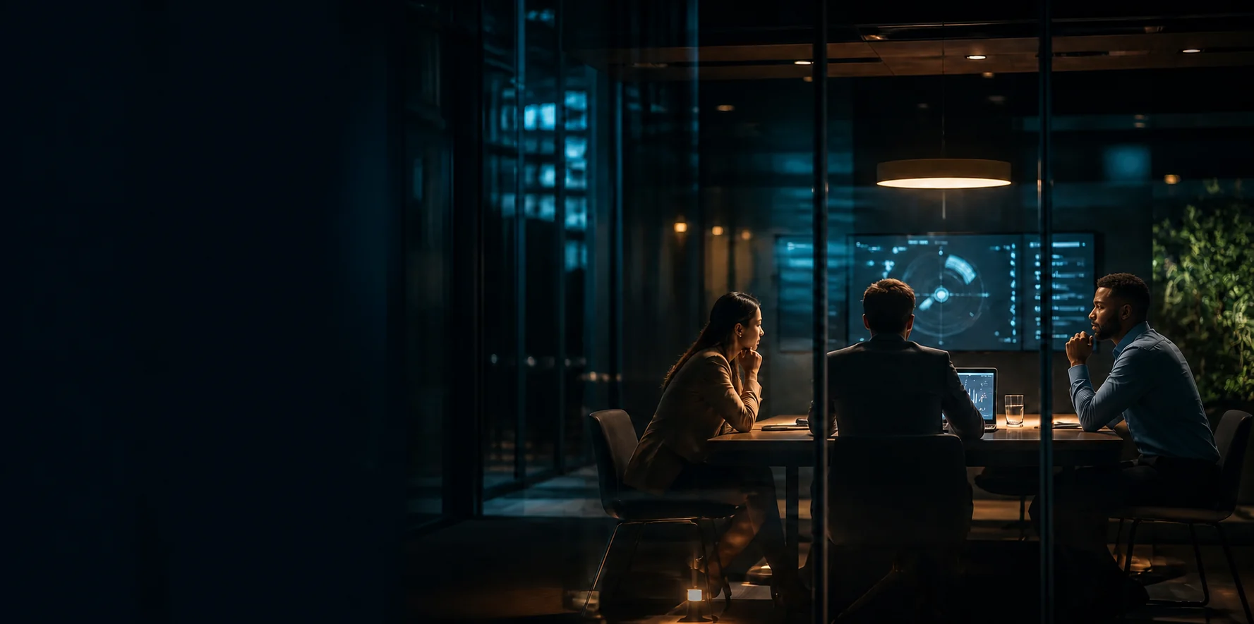 A diverse cybersecurity consulting team collaborating in a glass strategy room