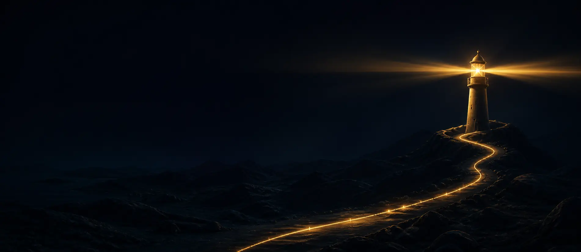 Lighthouse guiding a path across a dark coastal landscape